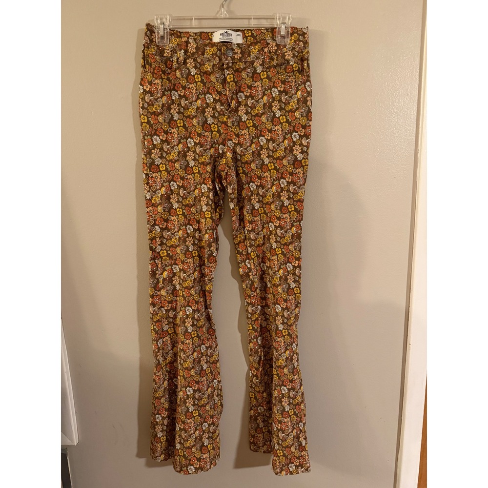 Y2K Hollister High-Rise Flare Pants Brown Retro Floral Mushroom Print Advanced